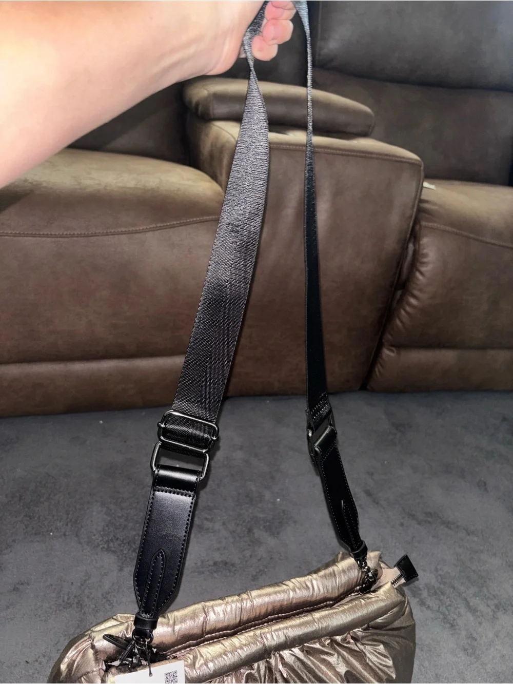 ZARA Metallic Bronze Puffy Crossbody Bag with Black Strap